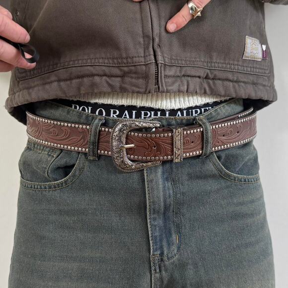 y2k western brown studded floral cowboy boho belt - Picture 5 of 11